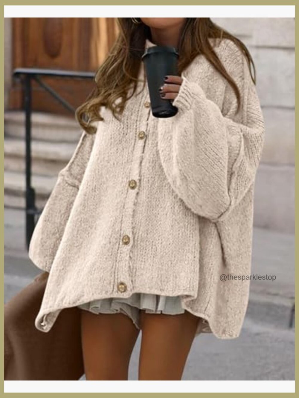 Chunky Knit Oversized Cardigan Sweater - Button Front Lantern Sleeve - Picture 6 of 7